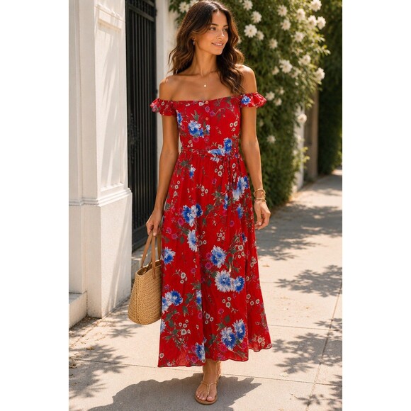 Band of Gypsies Dresses & Skirts - Band of Gypsies Maxi Dress Womens S Red Floral Off Shoulder Waist Tie Romantic